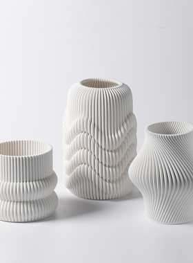 北欧简约莫兰迪色3D打印陶瓷花瓶C摆件家居样板间客厅白色花器饰