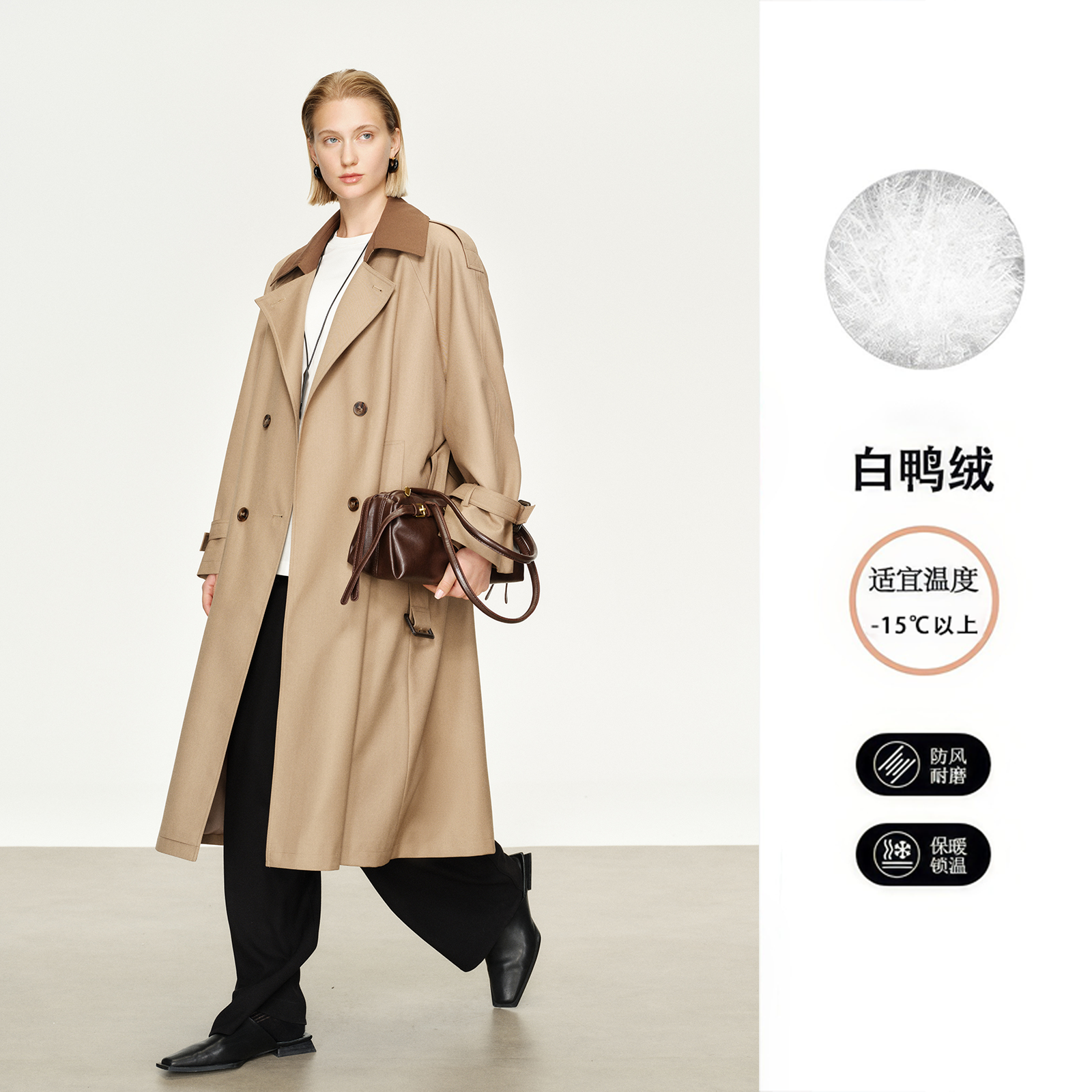 羽绒内胆风衣外套新款英伦风女撞色中长款双排扣英伦风高级感大衣,淘宝优惠券,粉丝福利购,淘宝优惠卷