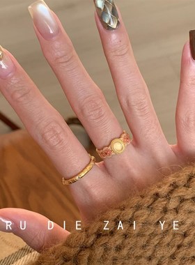 如蝶在野 粉色娇嫩!桃之夭夭粉金F珐琅戒指古法国风气质开口戒