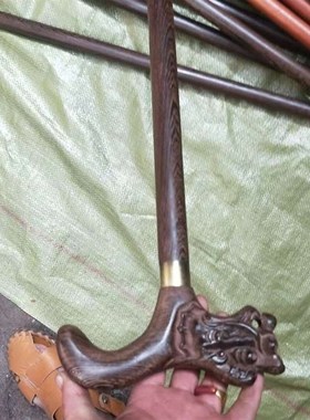 鸡翅木木手杖 红花梨登山杖实Z木龙头拐杖