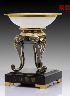 聚宝盆琉璃白玉工艺品摆件乔x迁开业礼品送领导装饰品办公桌摆设