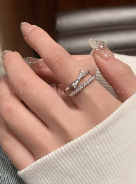 显手细~双层微镶高级感戒指女时尚轻奢爆款开口可V调节食指戒指环