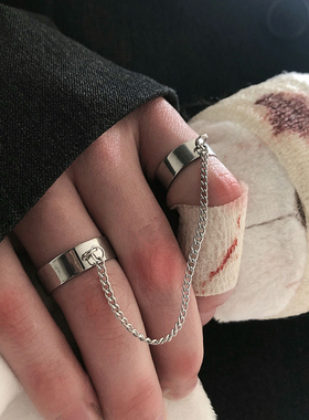 双戒指一体式链条开口可调节钛钢不掉H色蹦迪嘻哈男女气质复古潮