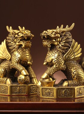 铜麒麟摆件一对h纯黄铜客厅家居用中式装饰办公室店铺招财工艺礼