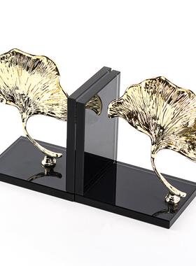 轻奢仿铜树叶书挡摆件新中式样板间书房办公室水晶书立书靠装饰品