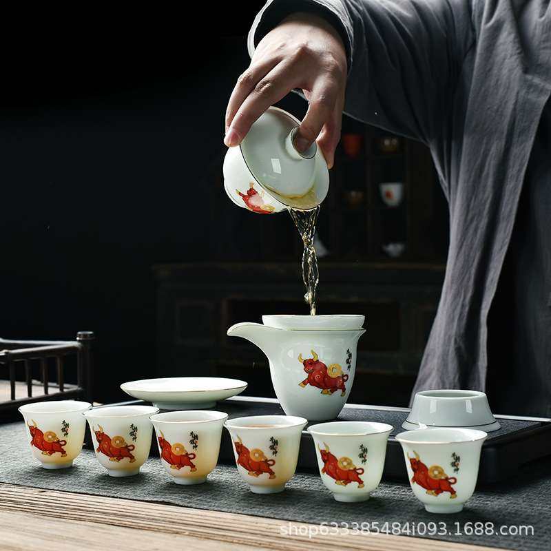 羊脂玉影青茶具套装陶瓷简约办公家用薄胎功夫盖碗茶壶茶杯商务礼,淘宝优惠券,粉丝福利购,淘宝优惠卷