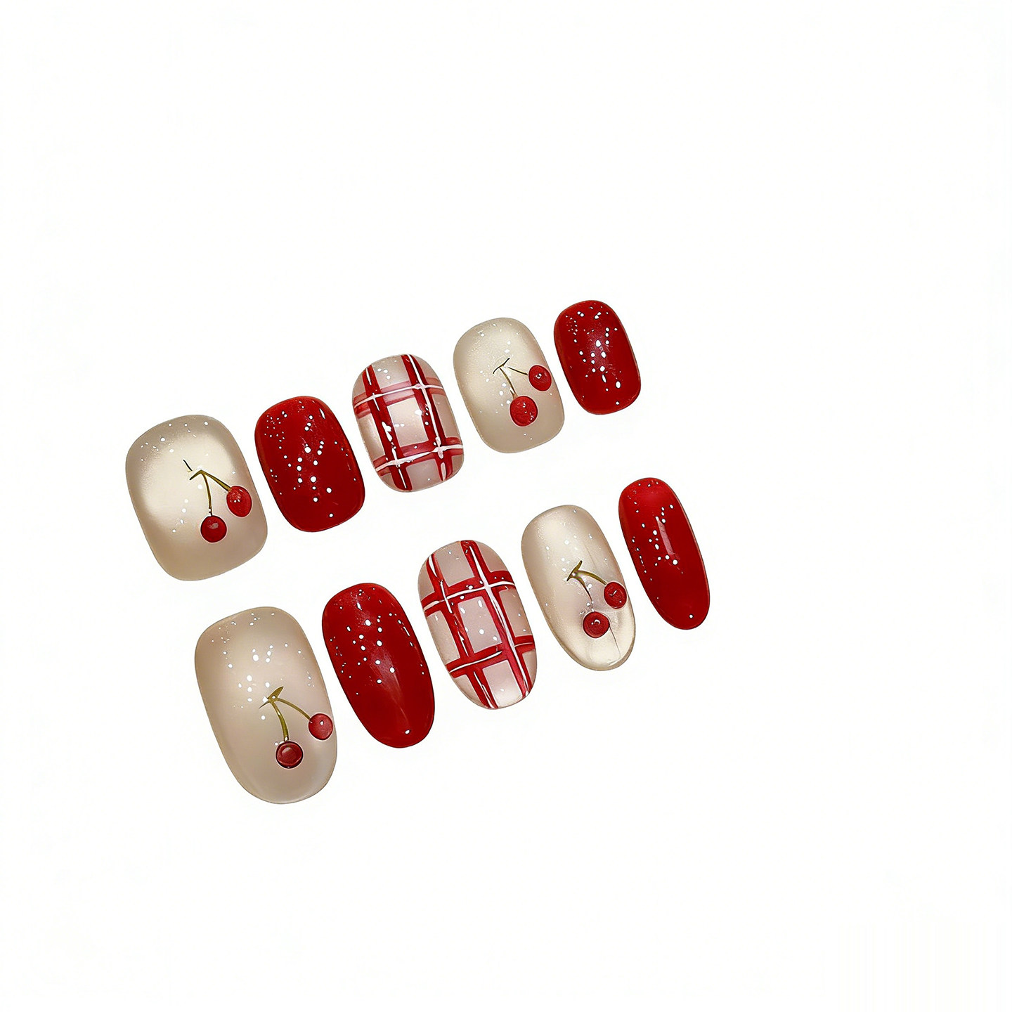 指尖美学【红了樱桃】纯手工红色棋盘猫眼美甲贴片高颜值穿戴甲,淘宝优惠券,粉丝福利购,淘宝优惠卷