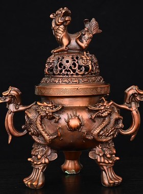 纯铜天狗香炉供奉炉炼丹炉香w薰炉室内家居双龙戏珠香炉大号工艺