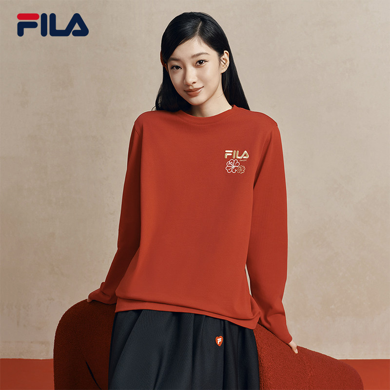 马上起飞FILA斐乐男女长袖T恤2026春新款情侣海棠花红色新年长T恤,淘宝优惠券,粉丝福利购,淘宝优惠卷