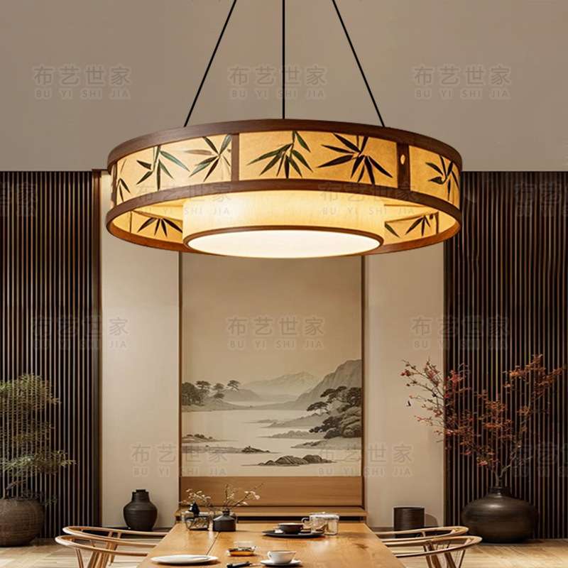Song Dynasty Aesthetic Round Bamboo Leaf Landscape Painting Living Room Restaurant Zen Tea Room Study Bedroom Bed and Breakfast Fabric Chandelier