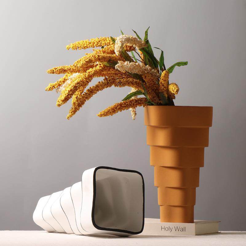 现代简约磨砂陶瓷花瓶样板房酒店创意插花装饰品售楼部色黄白摆件,淘宝优惠券,粉丝福利购,淘宝优惠卷