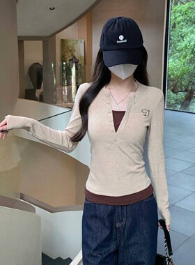 拉夏贝尔复古假两件长袖打底衫女2026新款春秋季修身内搭T恤上衣