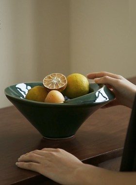 栗石中古风祖母绿手工陶瓷果盘高级感民宿L客厅茶几玄关插花瓶摆