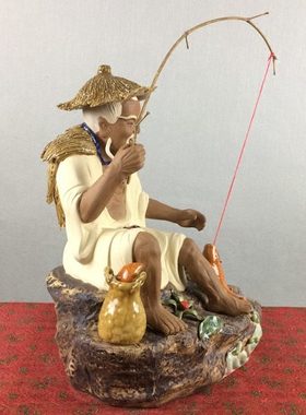 公孙得利渔翁钓鱼陶瓷摆件鱼池假石山摆件客厅酒柜办公室招财摆设