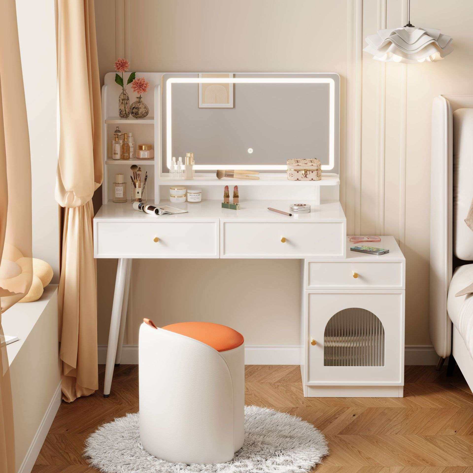 法式奶油风梳妆台卧室现代简约家用小户型化妆桌斗柜一体带LDE灯,淘宝优惠券,粉丝福利购,淘宝优惠卷
