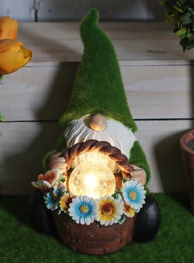 花园摆件户外植绒精灵小夜灯y太阳能树脂侏儒庭院装饰阳台布置
