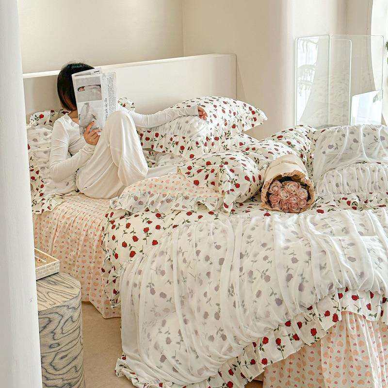 玫瑰恋人法式全棉花边蕾丝床裙四件套纯棉a类床上用品南通公主风,淘宝优惠券,粉丝福利购,淘宝优惠卷