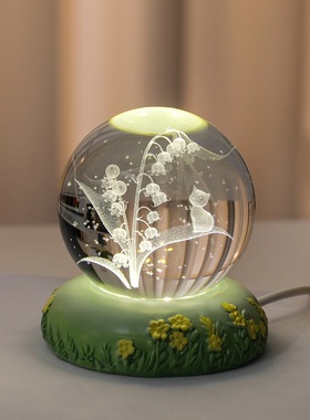 花朵水晶球摆件郁k金香玫瑰康乃馨装饰品小夜灯送人情人节生日礼