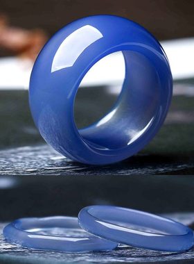 清泉蓝色玉石流款男女响戒子玛瑙指天然蓝扳玉指环 戒指情侣髓