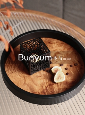 简约现代黑色皮质围边圆形托盘民B宿样板间售楼处客厅茶几桌面摆