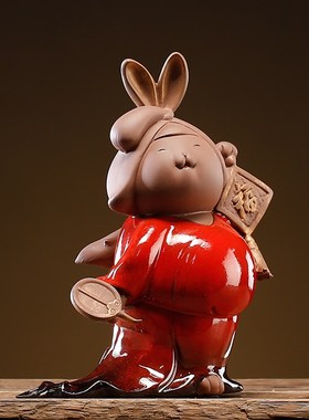 创意陶瓷手工工艺品贵妃兔小摆件国潮家居客厅Q招财生肖兔茶几茶