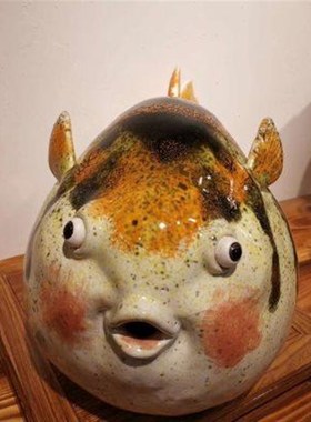 石湾公仔陶瓷河豚鱼创意摆件新中式电视柜博古架S装饰品小鱼儿摆