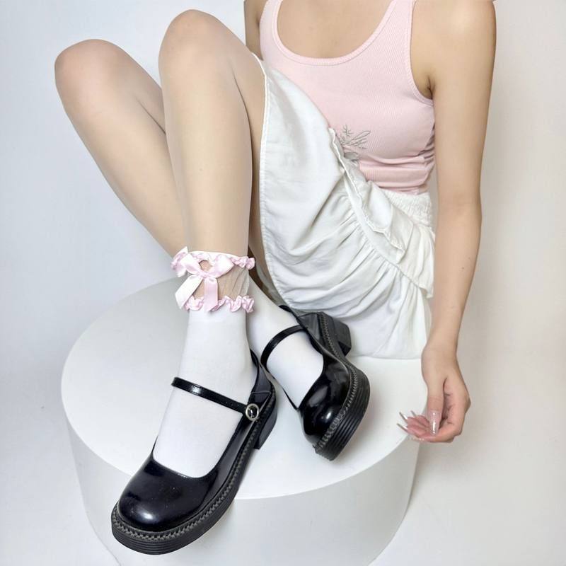 蝴蝶结小腿短袜袜花边洛丽塔甜美袜春夏拼接袜纯欲jk薄款网纱过膝,淘宝优惠券,粉丝福利购,淘宝优惠卷