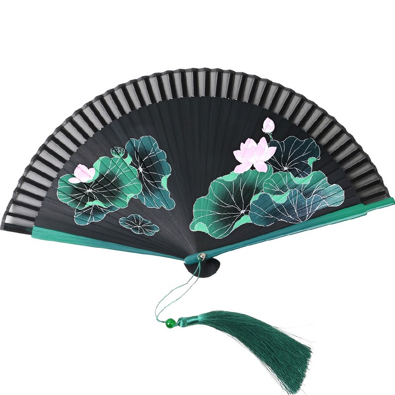 462中式全竹女子扇荷花扇半透明喷绘古M风女子折扇易开易关舞扇 - 图3