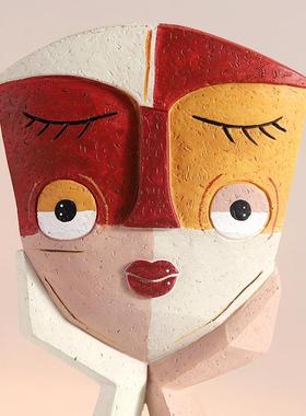 创意情侣几何脸谱工艺品树脂摆件抽象人脸雕塑客厅家居酒柜装饰品