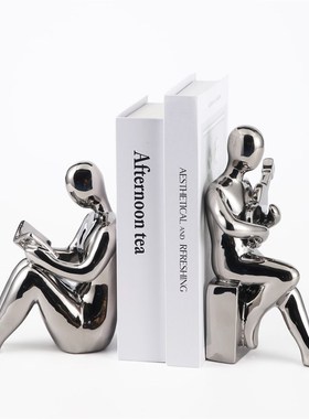 现代黑白简约家居装饰品陶瓷人物书挡摆件书房书V柜装饰书立雕像