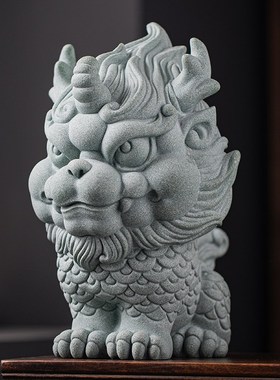 新中式瑞兽麒e麟大号招财摆件青砂石工艺品家居客厅桌面玄关装饰