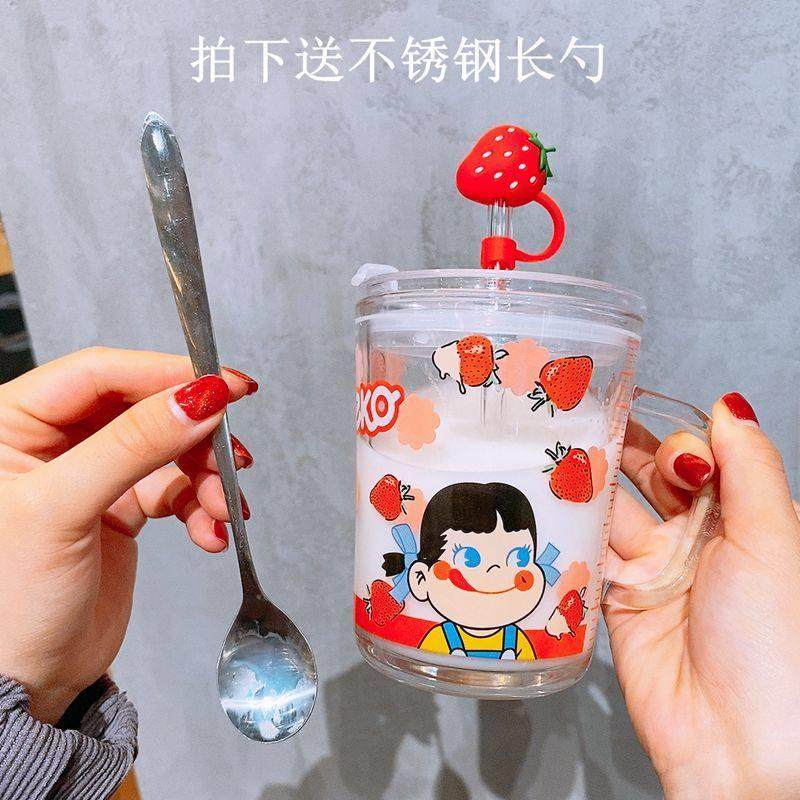 【五件套】家用儿童可爱牛奶带吸管刻度女学生早餐玻璃杯可微波炉,淘宝优惠券,粉丝福利购,淘宝优惠卷