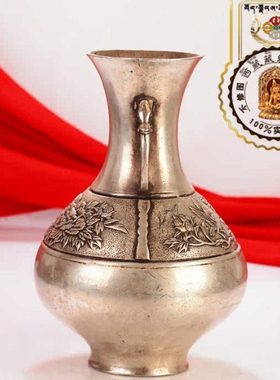 西藏红家居复古工艺品摆件手工雕刻富贵牡丹花龙头大肚藏银花瓶