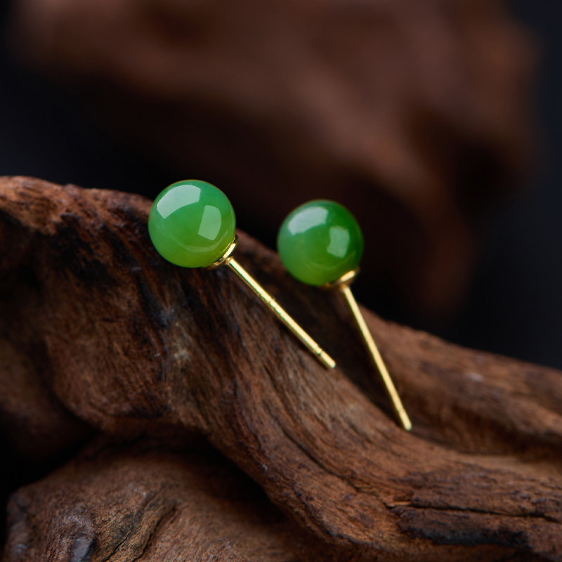 琳琯瑛和田碧玉耳钉s925银镶嵌菠菜绿圆珠耳饰耳环耳钩送女友礼物,淘宝优惠券,粉丝福利购,淘宝优惠卷