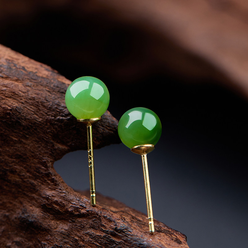 琳琯瑛和田碧玉耳钉s925银镶嵌菠菜绿圆珠耳饰耳环耳钩送女友礼物,淘宝优惠券,粉丝福利购,淘宝优惠卷