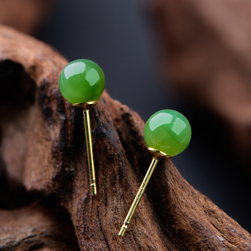 琳琯瑛和田碧玉耳钉s925银镶嵌菠菜绿圆珠耳饰耳环耳钩送女友礼物,淘宝优惠券,粉丝福利购,淘宝优惠卷
