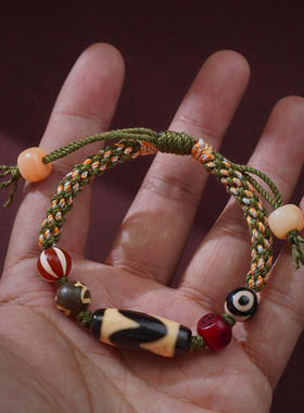 手工编织藏式彩绳天珠玛瑙三眼配