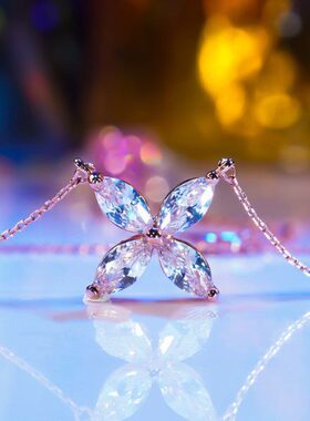 PT950铂金进口莫桑石十字水滴花瓣耳钉18K玫瑰金四叶草简约锁骨链