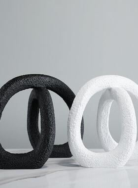 现代极简创意黑白色环形样板房间售楼处大堂抽象展厅软装饰品摆件