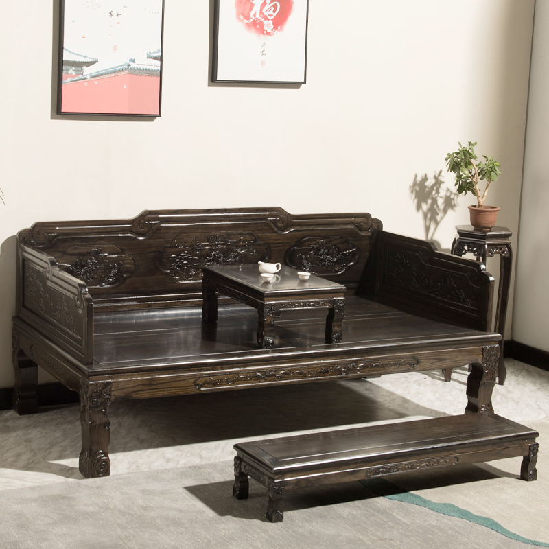 罗汉床新中式全实木菠萝格u沙发床贵妃榻组合三件套明清古典榻榻 - 图0