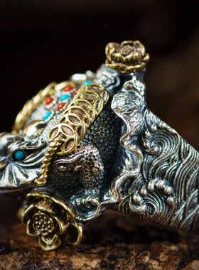 霸气复古戒指男开口中国风聚宝手工Gu个性金蟾 宝石镶嵌Fu食指环i