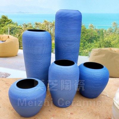 庭院酒店流水陶罐莫兰迪蓝色陶缸插花大花瓶客厅花艺摆件粗陶花盆,淘宝优惠券,粉丝福利购,淘宝优惠卷