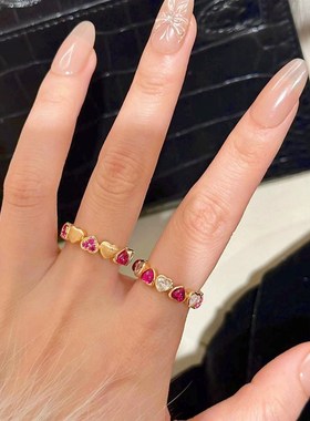 糖果甜心复古拉h丝桃心锆石戒指新款红刚玉轻奢高级感爱心钻指环