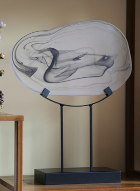 现代中式白色透明水墨玻璃苔藓样板间玄关书房博古架软装饰品摆件