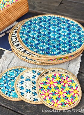藤编彩杯垫竹编盘垫碗垫隔热垫z餐垫紫砂茶壶垫套装墙面装饰品手