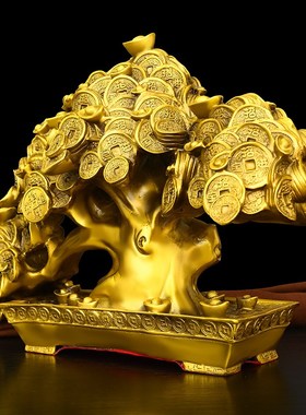 纯铜摇钱树元宝金钱招财树聚宝盆发财树办公室装饰品摆件开业礼品