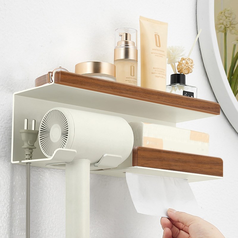 吹风机置物架卫生间洗漱台壁挂免打孔木电吹风筒支架徕芬吹风机架 - 图0