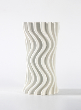 现代简约b几何水波纹白色旋转陶瓷花瓶摆件样板间客厅玄关餐厅装