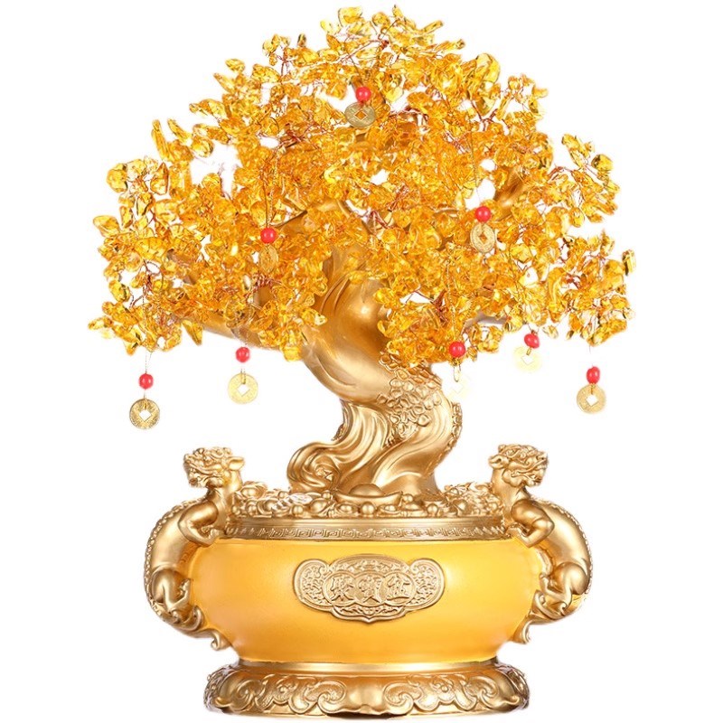 黄水晶摇钱树聚宝盆发财树招财摆件办公室店铺酒柜装饰品开业礼品 - 图1