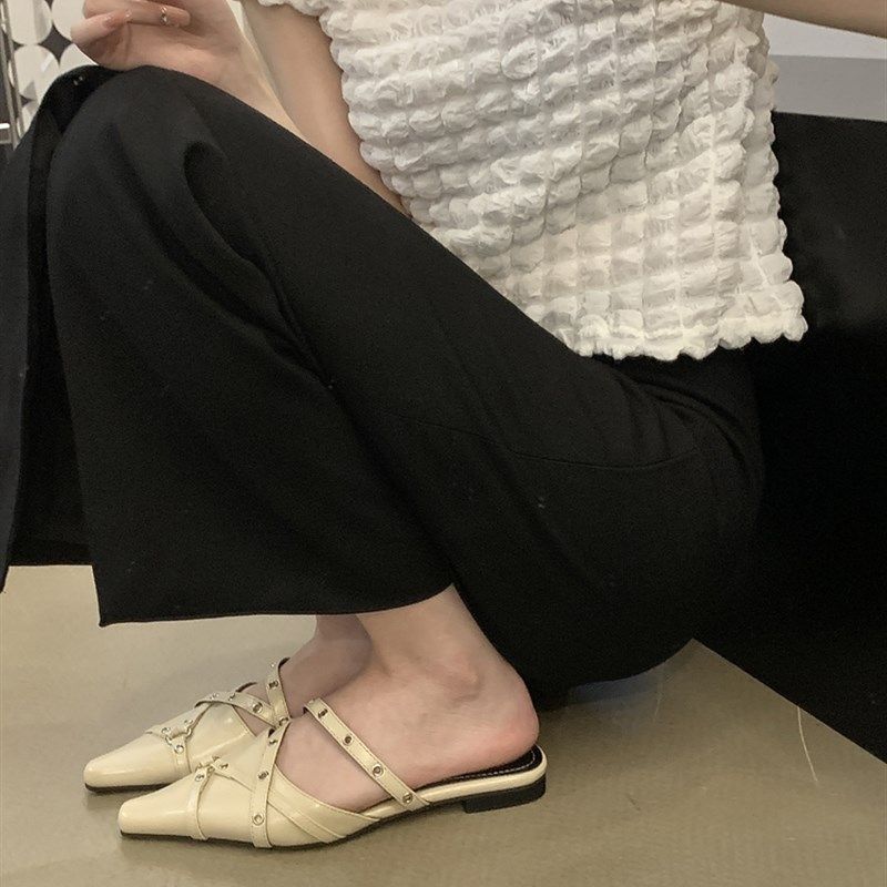 尖头凉拖鞋女2025夏季新款平底交叉带铆钉漆皮包头半拖外穿拖鞋,淘宝优惠券,粉丝福利购,淘宝优惠卷